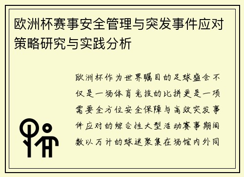欧洲杯赛事安全管理与突发事件应对策略研究与实践分析