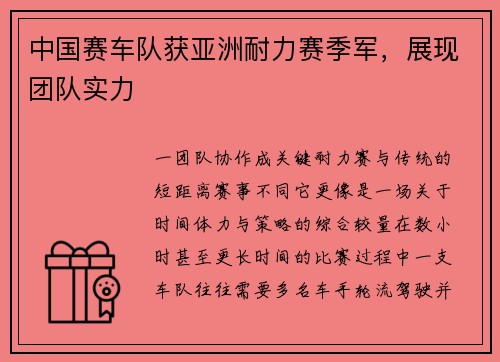 中国赛车队获亚洲耐力赛季军，展现团队实力
